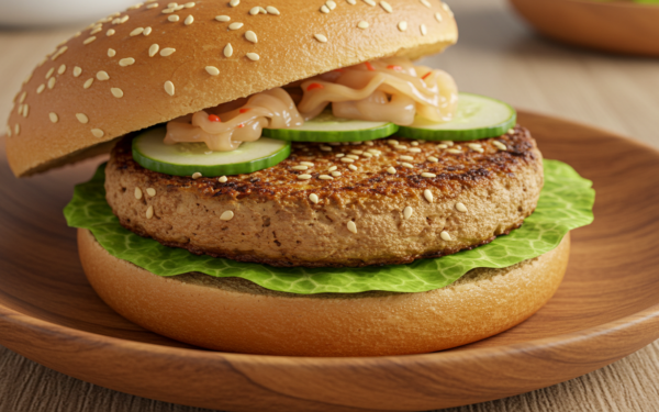 Hambúrguer Vegano de Tofu Marinado com Gergelim e Gengibre