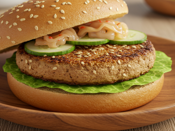 Hambúrguer Vegano de Tofu Marinado com Gergelim e Gengibre