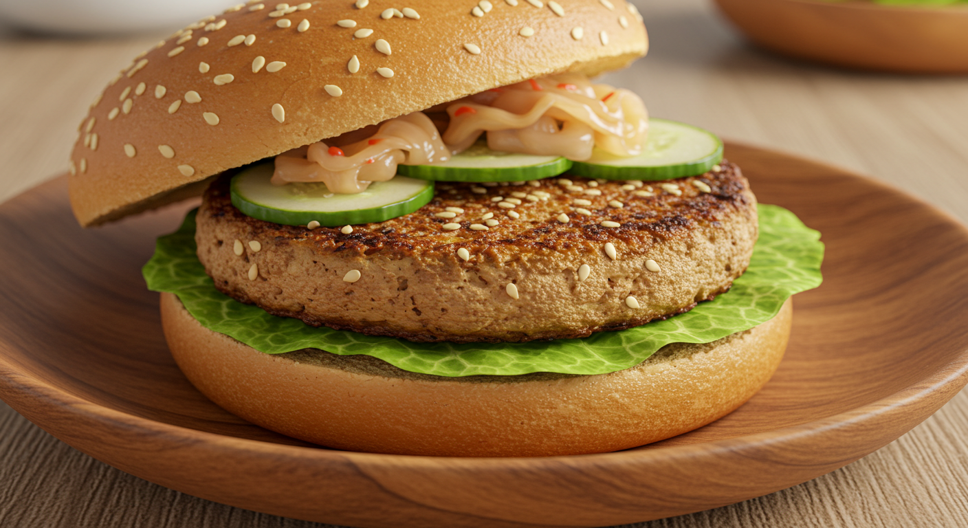 Hambúrguer Vegano de Tofu Marinado com Gergelim e Gengibre