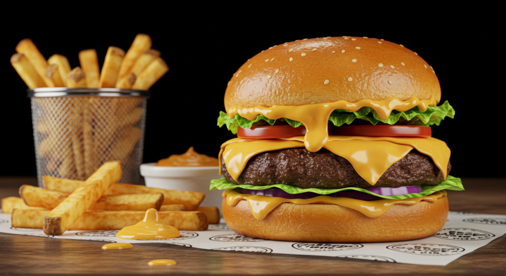 Hambúrguer artesanal com molho de queijo cheddar cremoso estilo fast food e batatas fritas crocantes.

