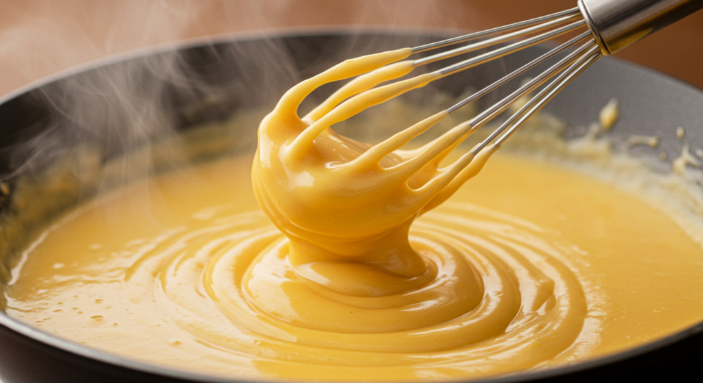 Molho de queijo cheddar cremoso estilo fast food sendo preparado na panela.