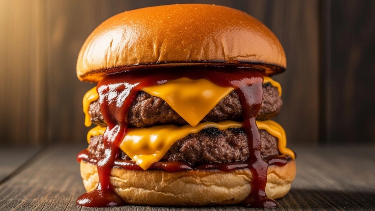 Cheeseburger Duplo com Queijo Cheddar e Molho BBQ Artesanal