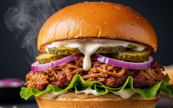 Hambúrguer de Costela Suína Desfiada com Maionese de Alho e Picles Caseiro