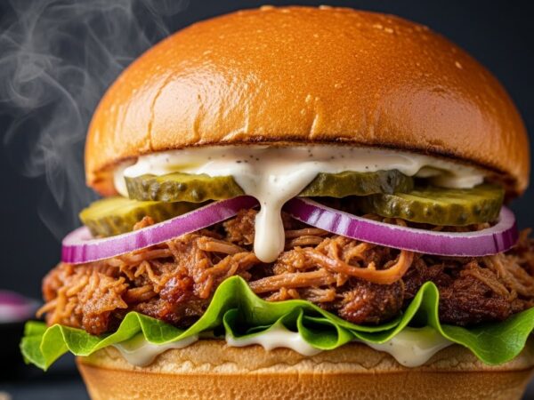 Hambúrguer de Costela Suína Desfiada com Maionese de Alho e Picles Caseiro