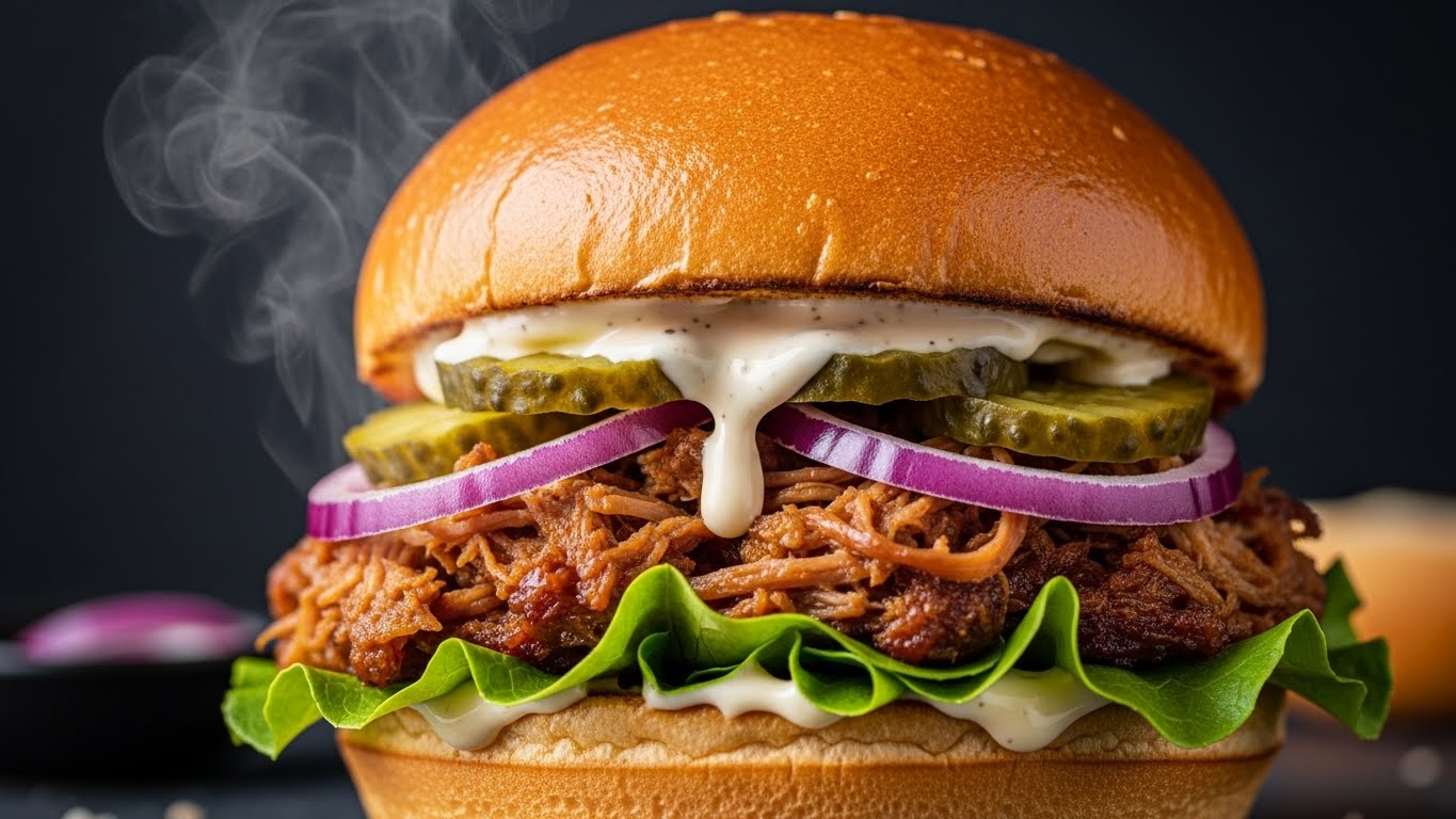 Hambúrguer de Costela Suína Desfiada com Maionese de Alho e Picles Caseiro